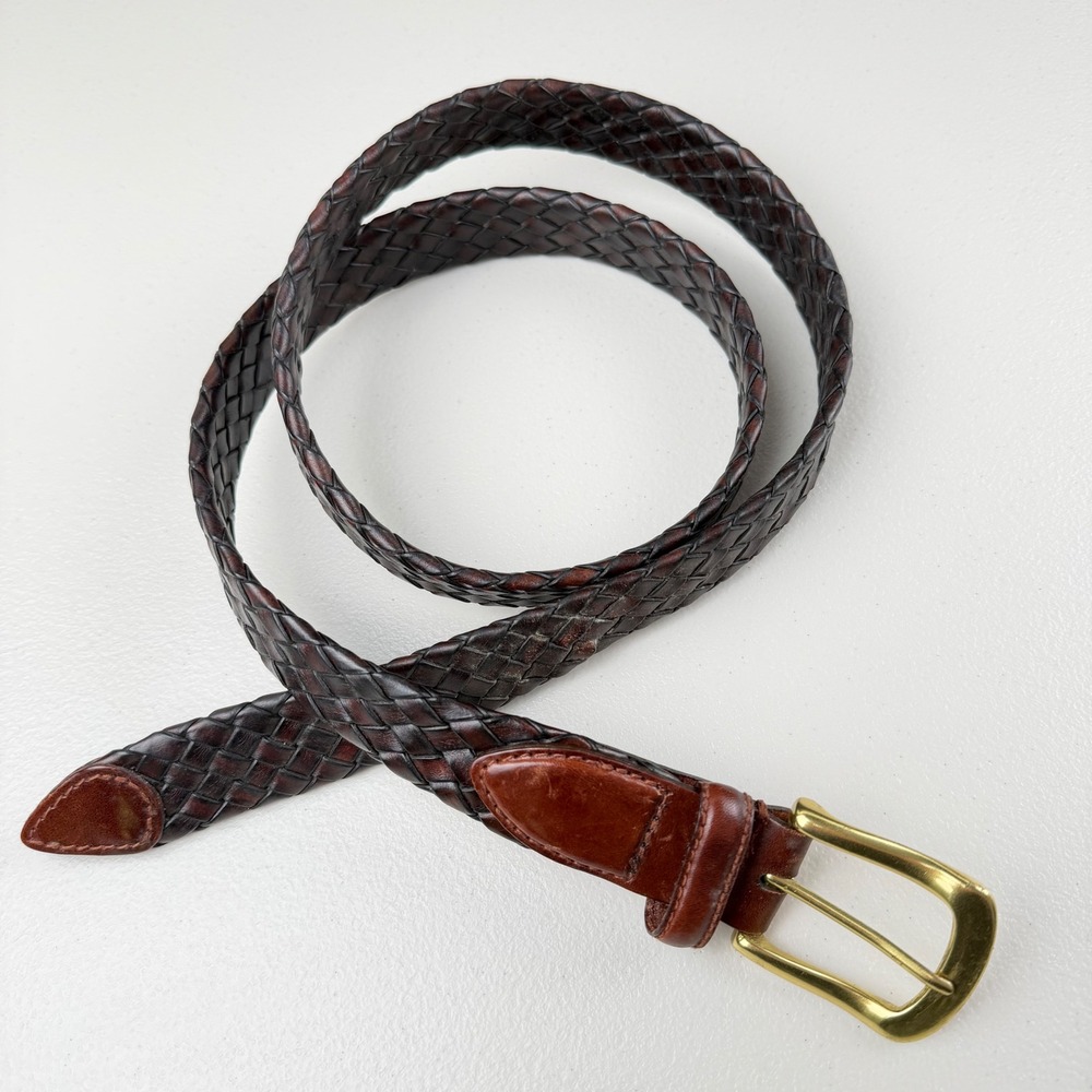 Brown Braided Leather Belt Solid Brass Buckle Woven 38 Mens Classic Mahogany